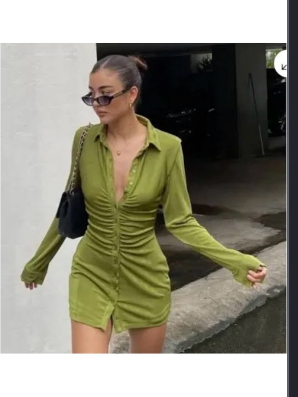 With Jean Olive Green Andy Mini Dress Ruched Button-Front